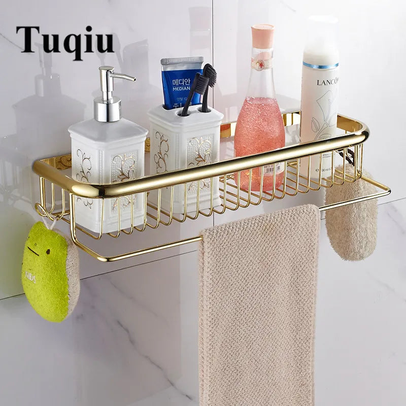 Afralia™ Gold Brass Bathroom Shelf with Towel Hanger, Shampoo Holder, and Basket