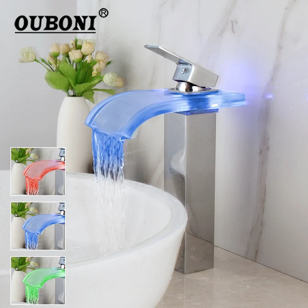 Afralia™ LED Waterfall Basin Mixer Faucet Chrome Finish Single Handle Sink Tap