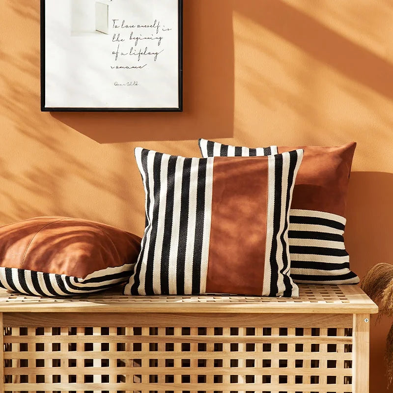 Afralia™ Black Stripe Faux Leather Pillow Cover 45x45cm for Home Decor