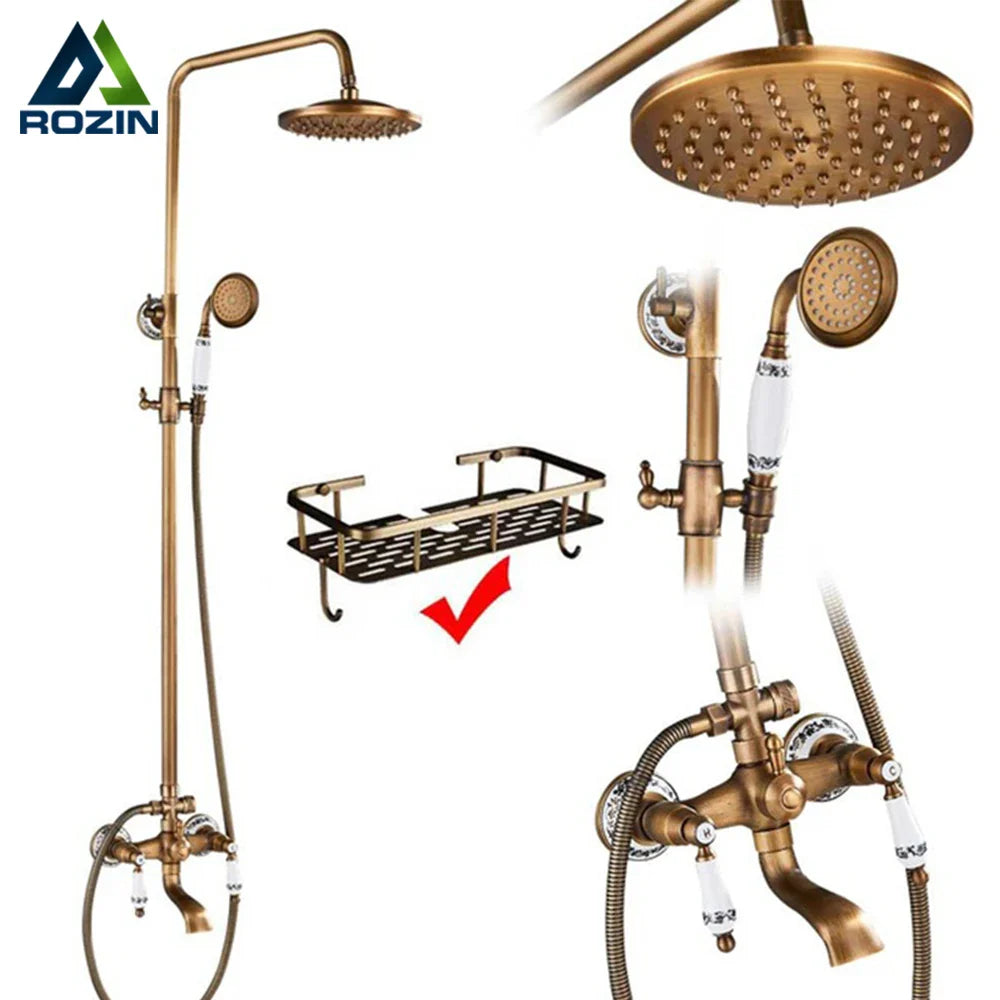 Afralia™ Brass Antique Shower Faucet Set with Porcelain Ceramic Swivel Bath Spout