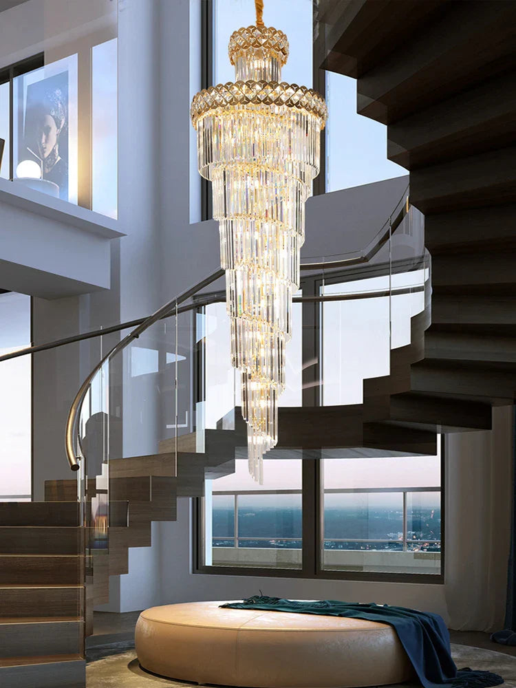 Afralia™ Gold Stainless Steel Crystal Chandelier for Long Villa Staircase Lighting