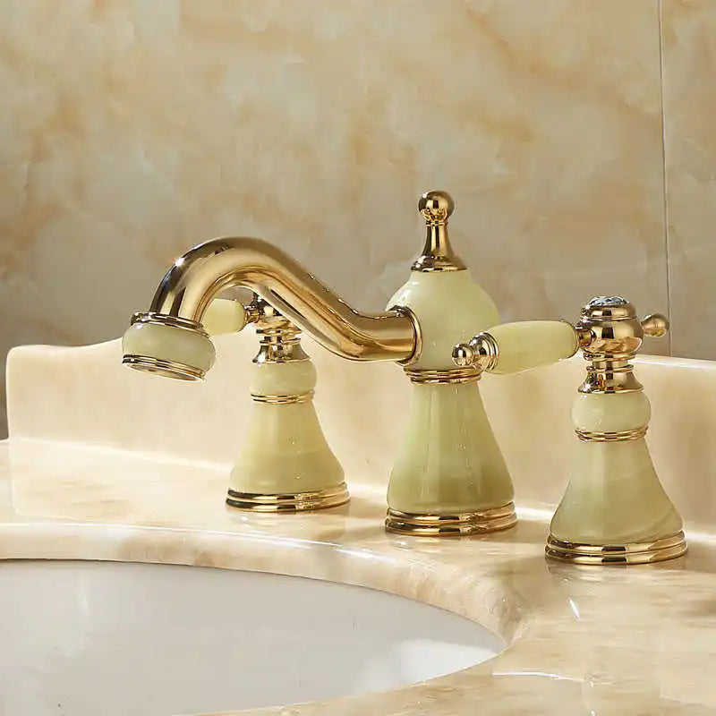 Afralia™ Gold Brass Jade 3 Hole Widespread Basin Faucet with Double Handle