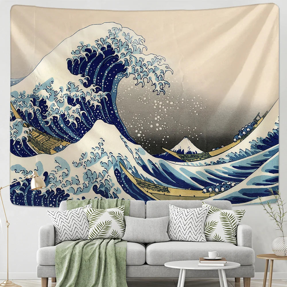 Afralia™ Kanagawa Waves Hanging Tapestry: Boho Sun Wall Tapestries, Bedspread, Yoga Mat