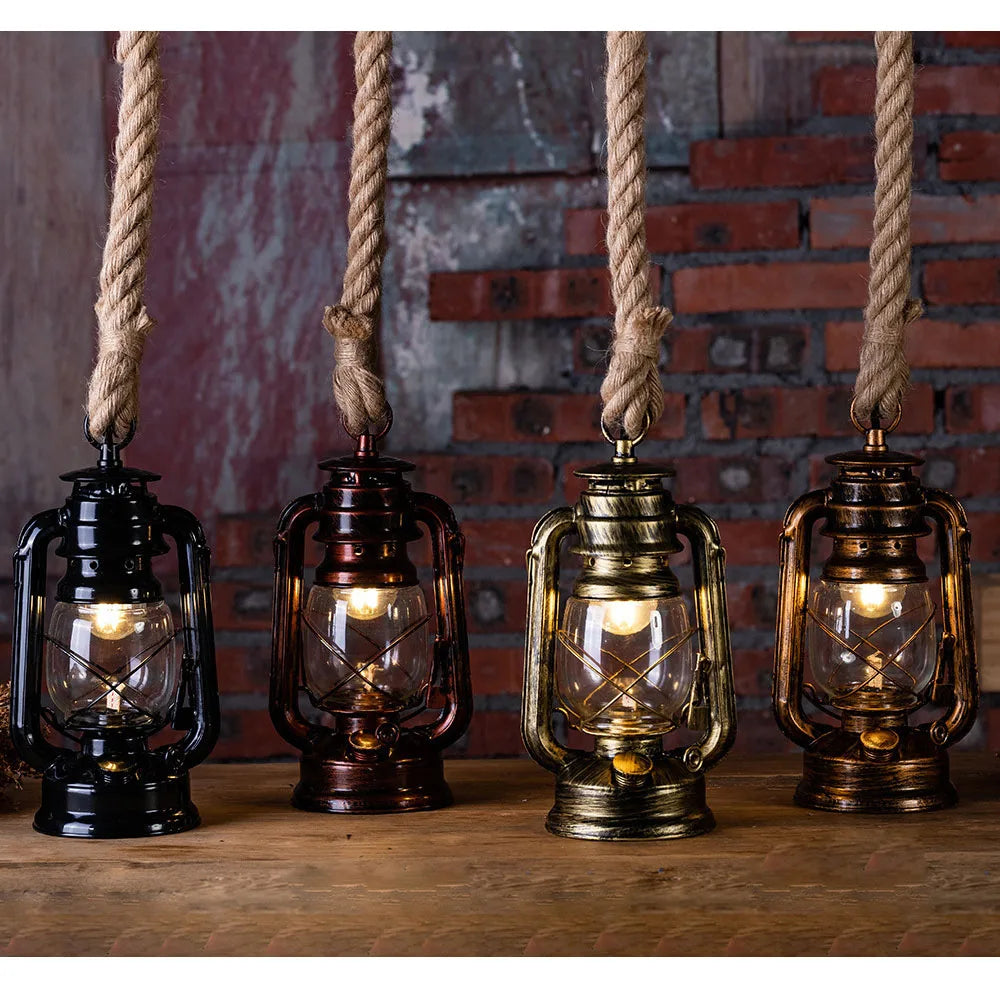 Afralia™ Retro Industrial Hemp Rope Kerosene Pendant Chandelier LED Ceiling Lamp