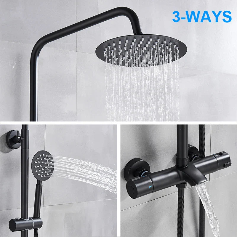 Afralia™ Black Shower Faucet Set with Thermostatic Control and 8" Rainfall Head