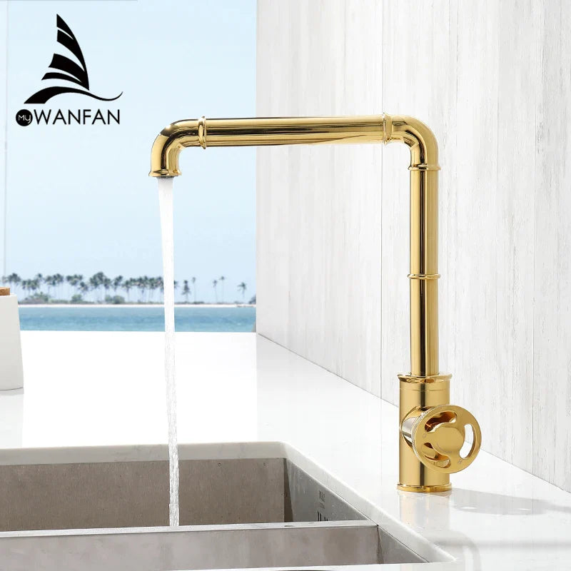 Afralia™ Gold Brass Retro Industrial Style Bathroom Faucet Hot Cold Mixer Tap