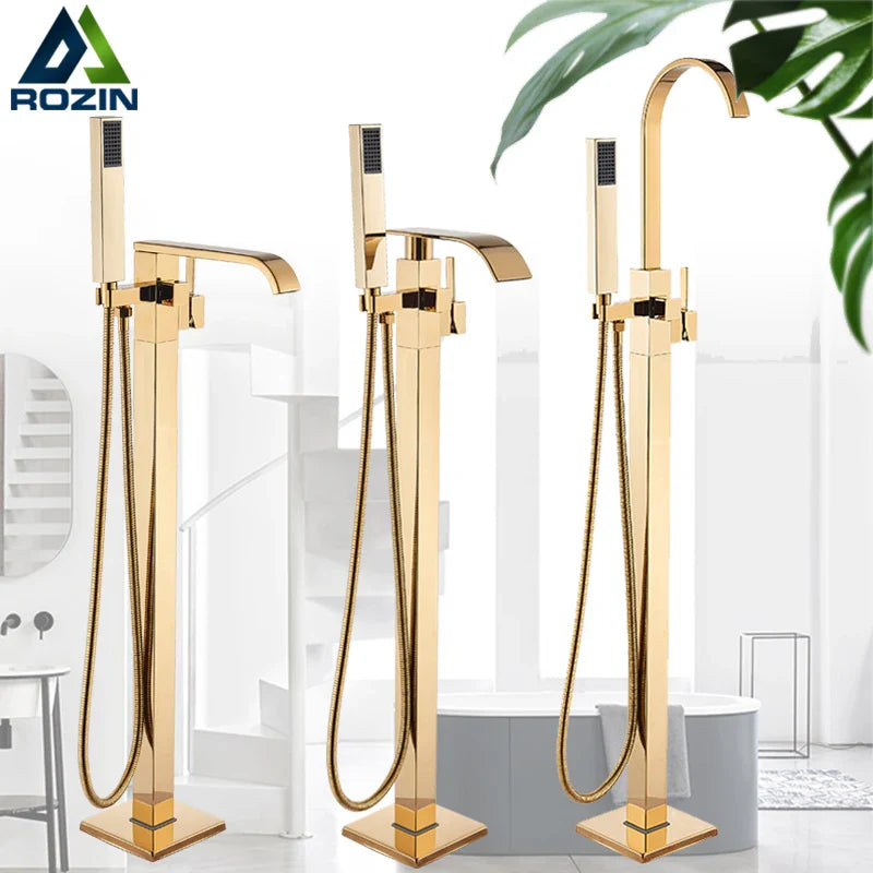 Afralia™ Golden Bathtub Shower Faucet Floor Mounted Waterfall Mixer Tap