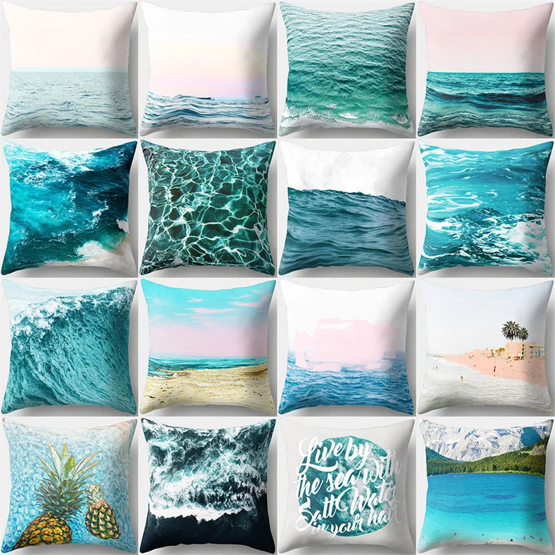 Afralia™ Summer Blue Ocean Floral Geometric Pillowcase