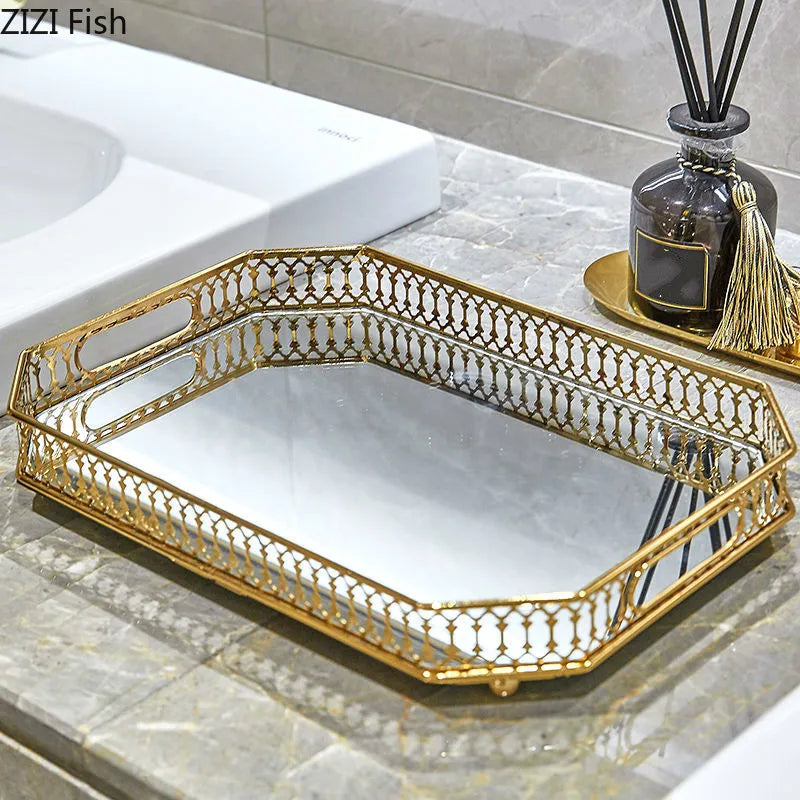 Afralia™ Elegant Gold Mirror Glass Storage Tray for Jewelry and Small Items