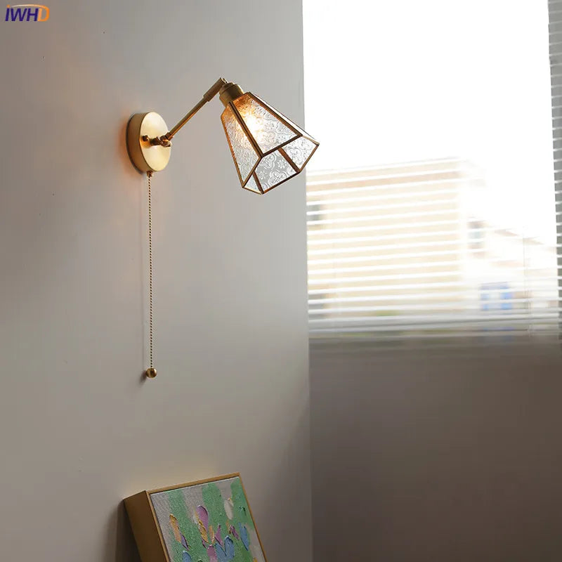 Afralia™ Green Glass LED Wall Lights with Pull Chain Switch, Copper Finish