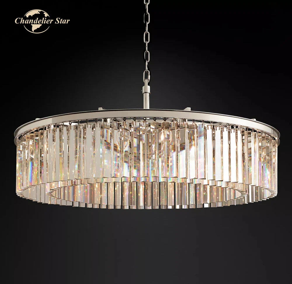 Afralia™ Modern LED Crystal Chandelier Chrome Black Metal Odeon Round Lamp