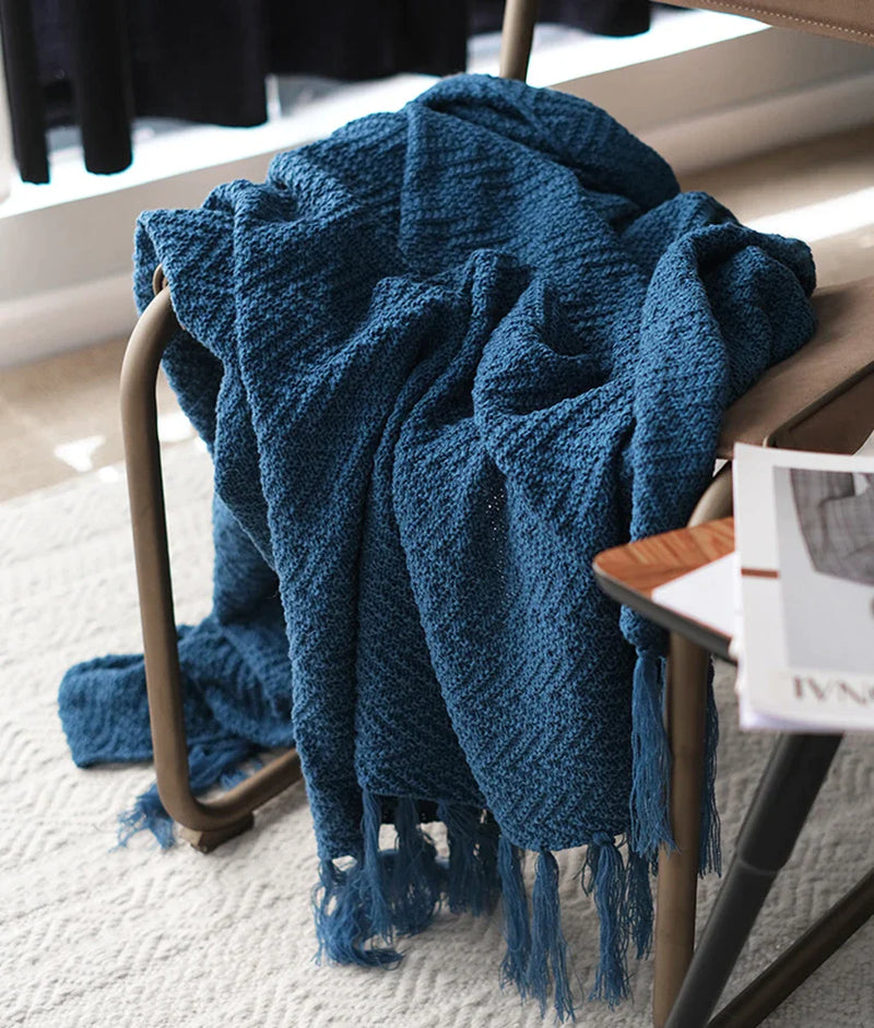Afralia™ Nordic Knitted Blanket Blue Mustard Yellow Tassel Sofa Rug Home Decoration