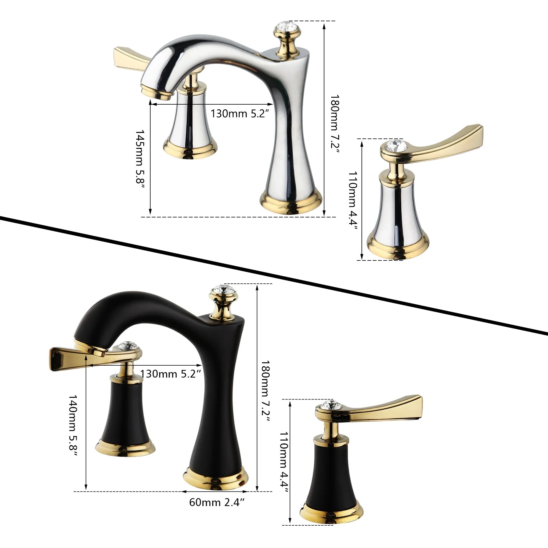 Afralia™ Matte Black Golden Bathroom Faucet with 2 Diamond Handles, Deck Mount Basin Mixer Tap