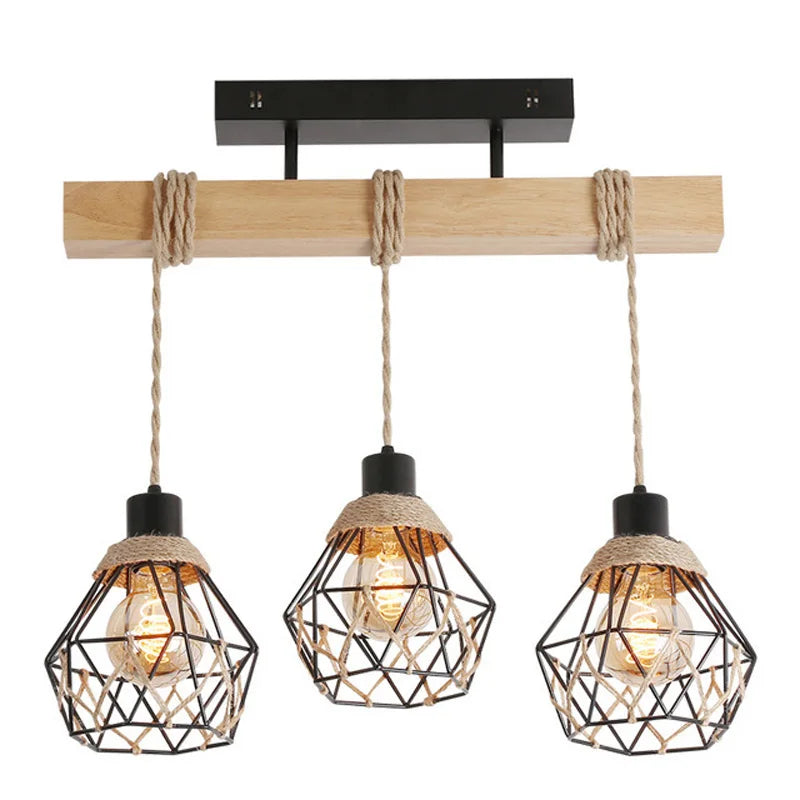 Afralia™ Vintage Hemp Rope Wood Pendant Chandelier for Dining Room and Bar