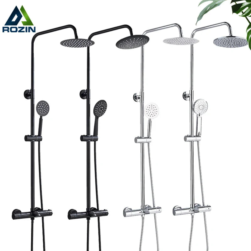 Afralia™ Thermostatic Shower Faucet Black/Chrome Rainfall Bathroom Set with Handshower