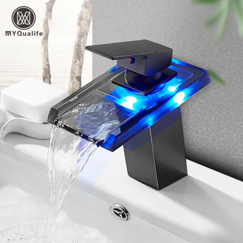 Afralia™ LED Waterfall Basin Faucet - Color Changing, Single Handle, Deck Mounted.