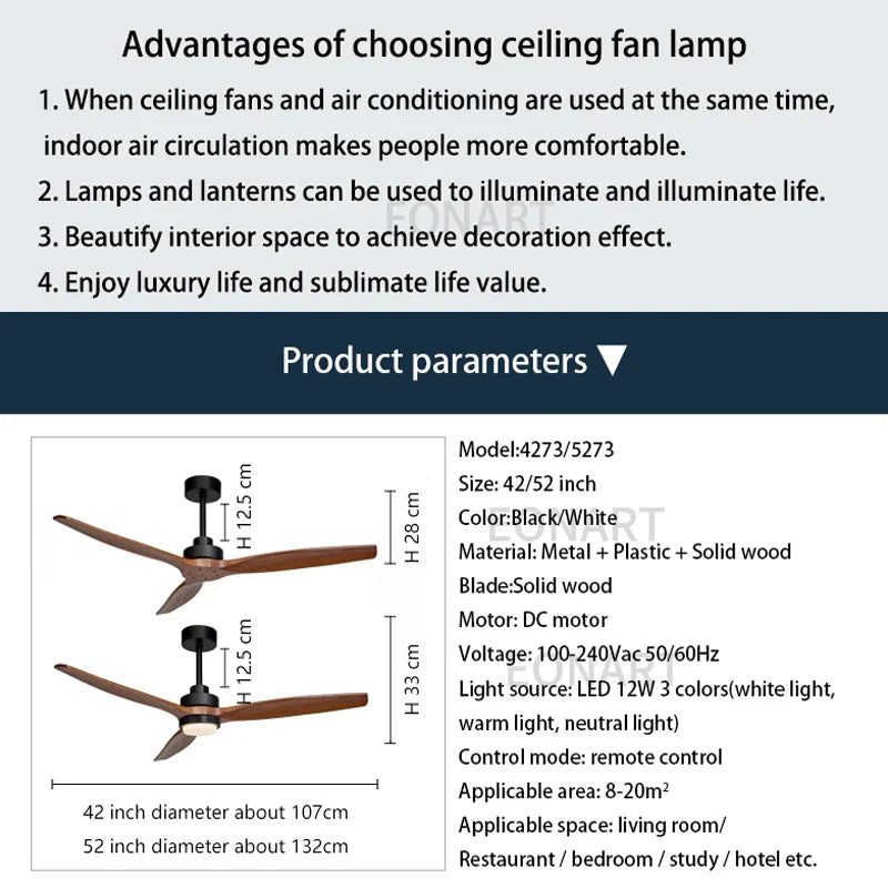 Afralia™ 52" Black Wood Ceiling Fan with LED Light and Remote Control