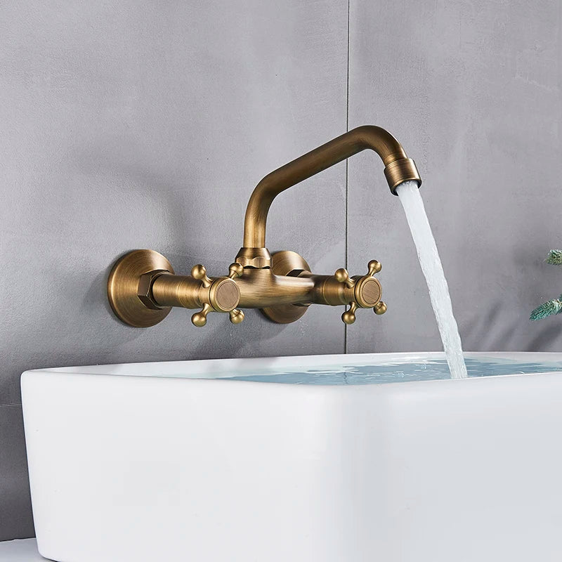 Afralia™ Antique Brass Dual Handle Wall Mount Kitchen Faucet