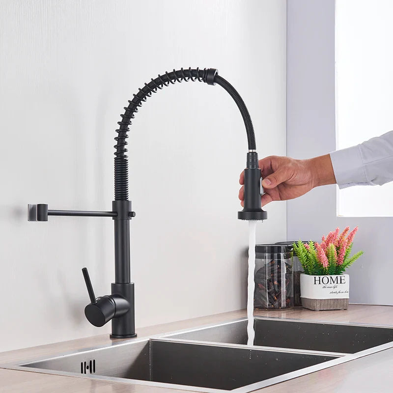 Afralia™ Matte Black Spring Kitchen Faucet One Handle Hot Cold Water Tap Deck Mounted
