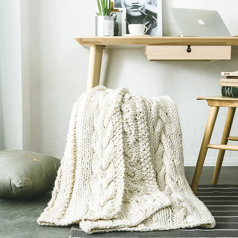 Afralia™ Khaki Beige Chunky Knit Wool Blanket