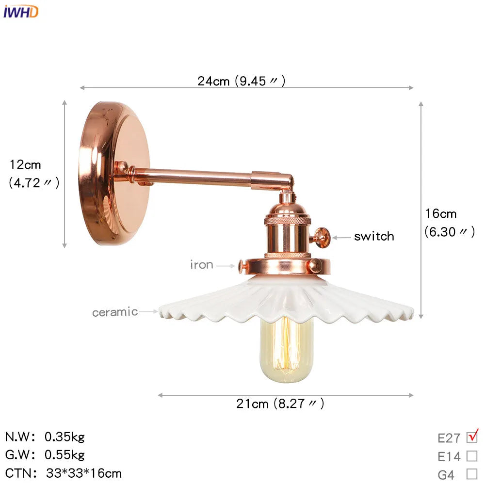 Afralia™ White Ceramic LED Wall Sconce Switch Rose Gold Bedroom Stair Mirror Light