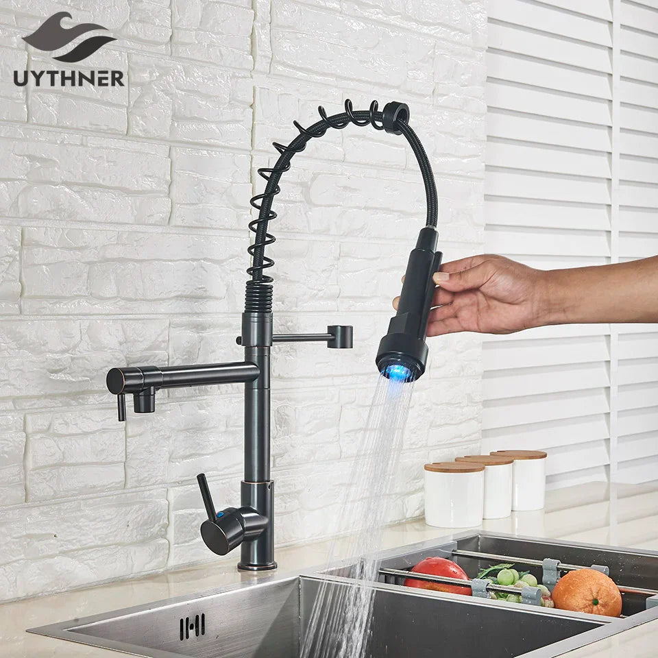Afralia™ LED Kitchen Faucet Pull Down Mixer Tap Hot Cold Water Vessel Sink Brass
