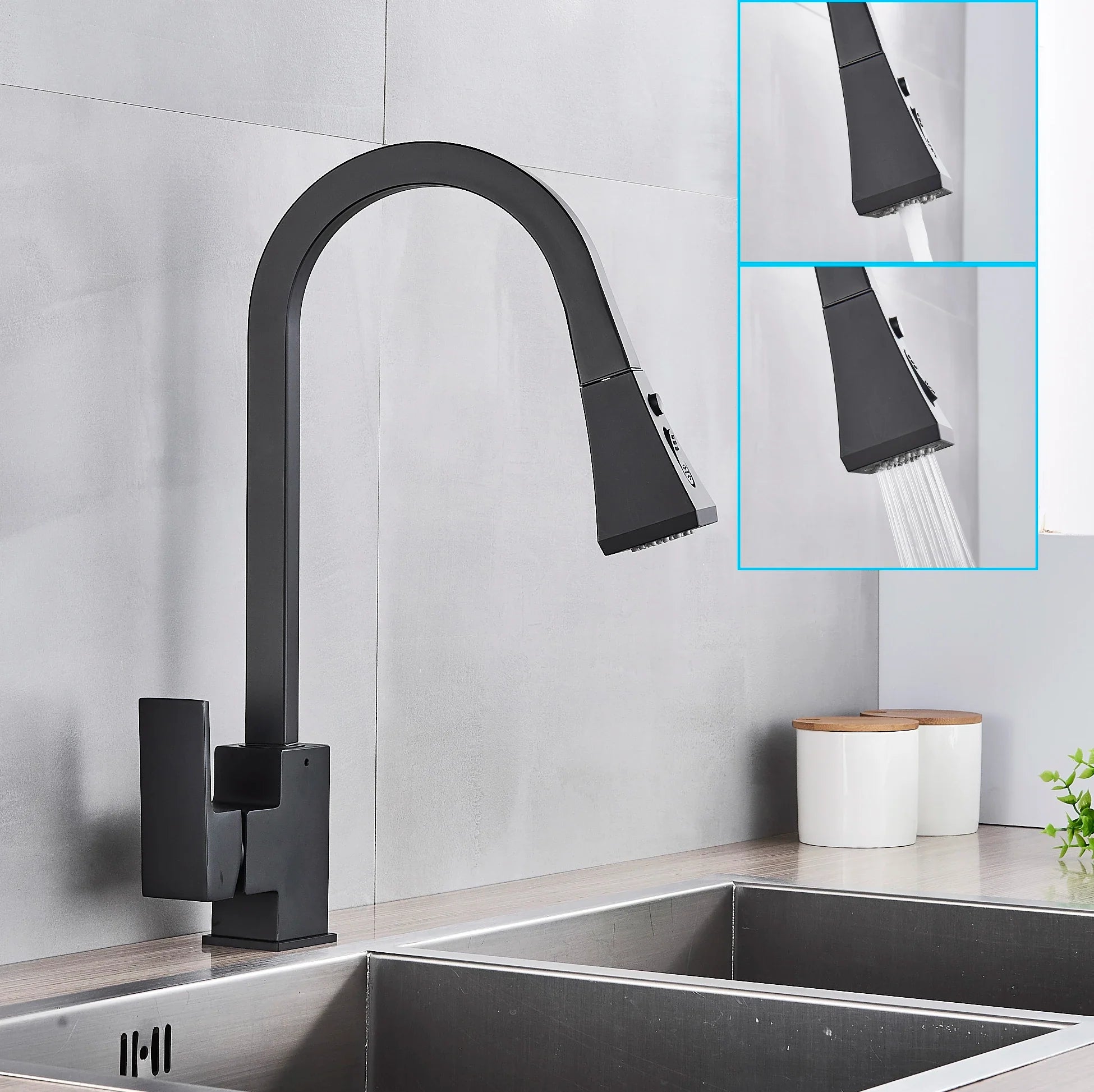 Afralia™ Black Kitchen Faucet Pull Out Mixer Square Single Handle Deck Mounted Tap