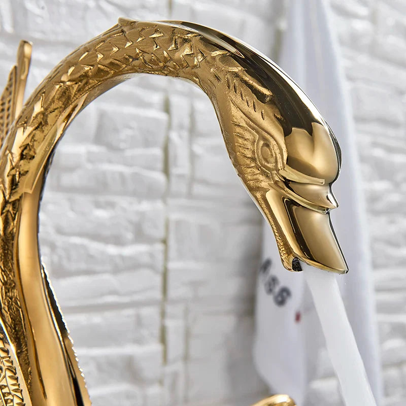 Afralia™ Golden Swan Basin Faucet Double Handle Hot Cold Mixer Tap for Bathroom
