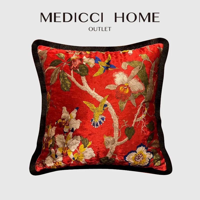 Afralia™ Shiny Velvet Floral Bird Print Vintage Cushion Cover