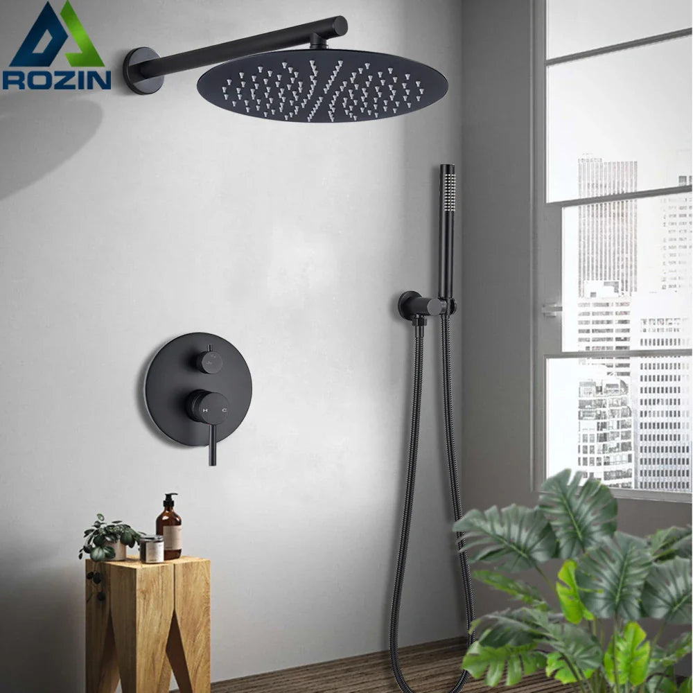 Afralia™ Matte Black Brass Shower Faucet Single Handle Rainfall Mixer for Bathroom