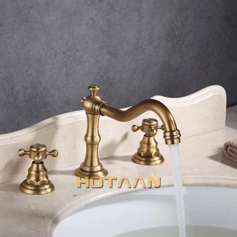 Afralia™ Antique Brass Basin Mixer Tap with Dual Handles, Deck Mounted Kitchen Faucet