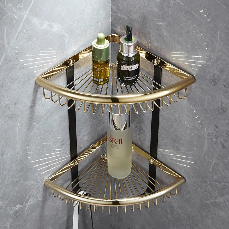 Afralia™ Gold & Black Corner Shelf: Brass Bathroom Shelves for Stylish Storage