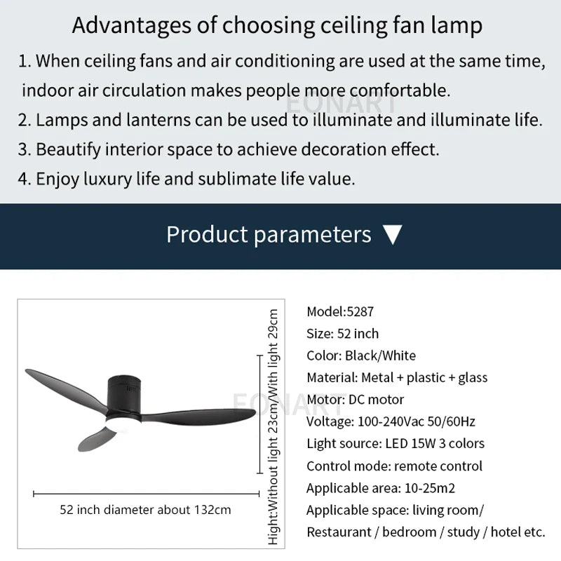 Afralia™ 52" Black DC Ceiling Fan, Remote Control, No Light
