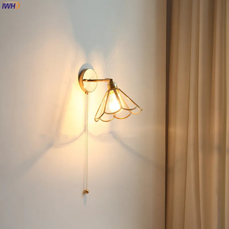 Afralia™ Copper Glass LED Wall Sconce with Pull Chain Switch for Modern Bathroom Decor