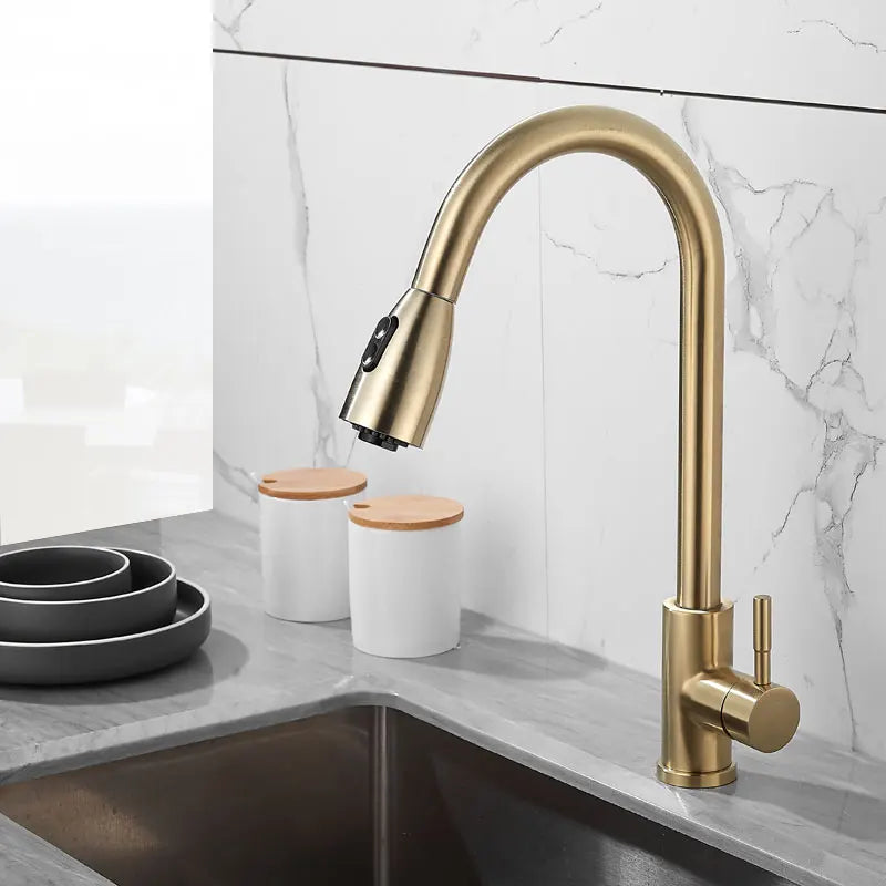 Afralia™ Brushed Gold Kitchen Faucet Single Handle Pull Out Swivel Mixer Tap