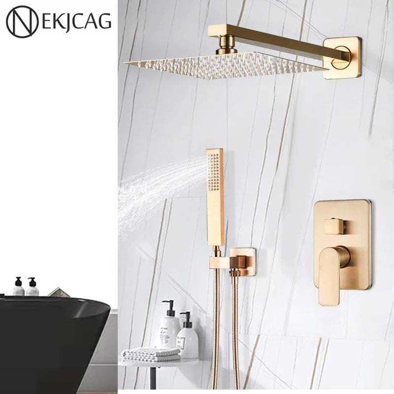 Afralia™ Brushed Gold Ultra-Thin Rainfall Shower Faucet with Wall Mount 8’‘-16’‘ Head