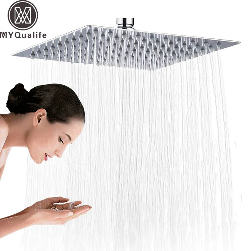 Afralia™ Chrome 16" Square Stainless Steel Rainfall Shower Head Ultrathin Top Rain Shower