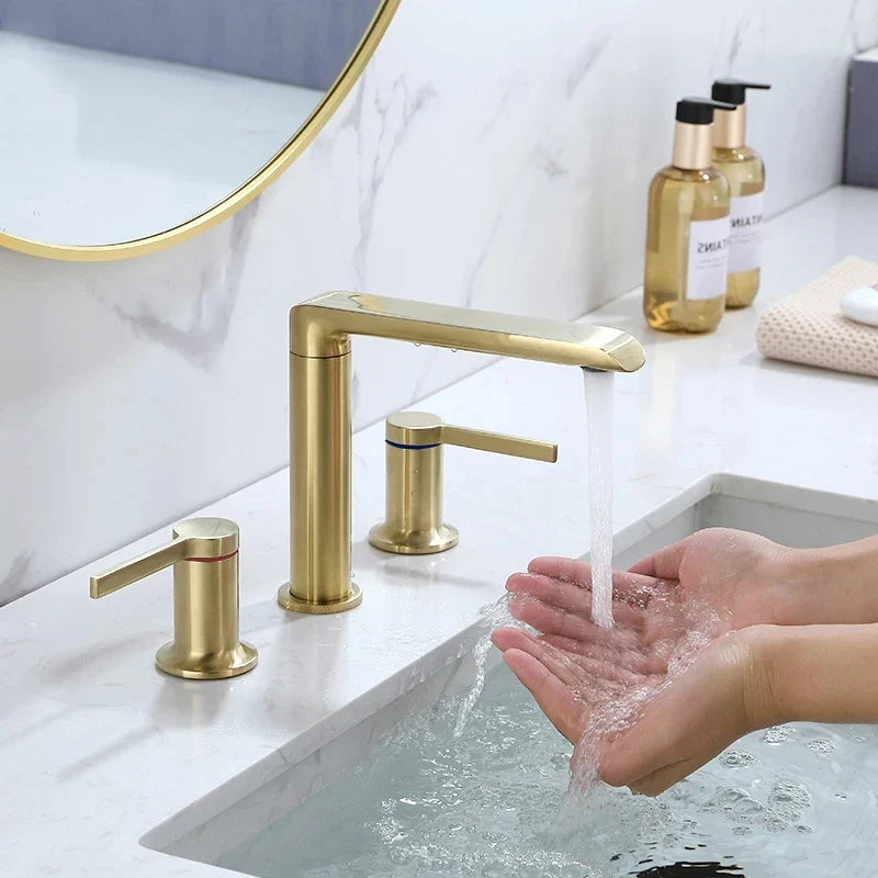 Afralia™ Brushed Gold Brass Widespread Bathroom Faucet 2 Handle Basin Tap