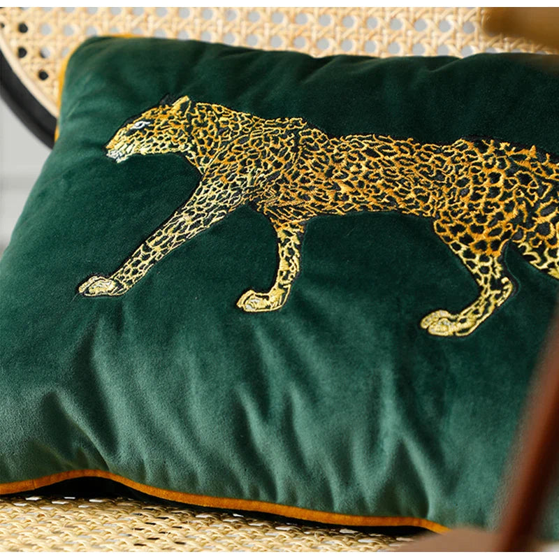 Afralia™ Embroidered Leopard Cushion Cover in Retro Green Velvet for Luxury Living Room