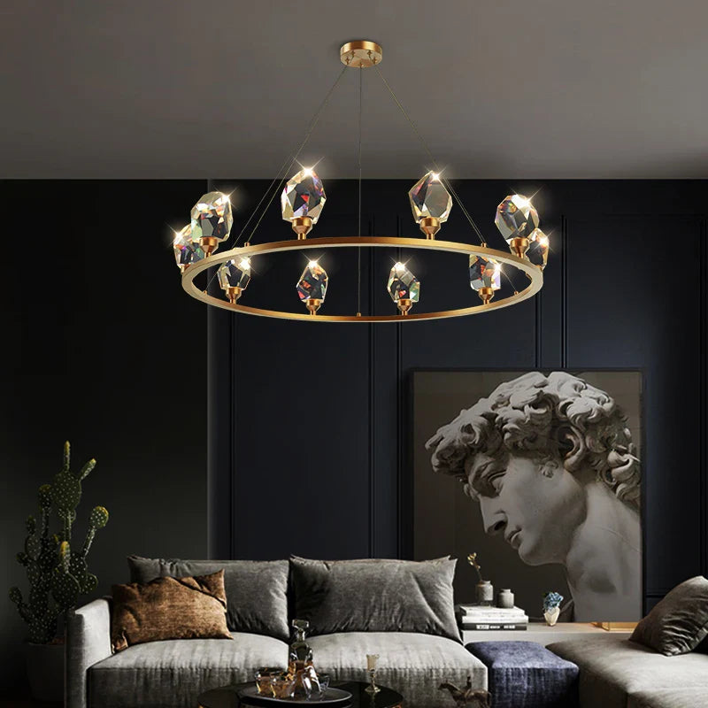 Afralia™ Crystal Copper Round Chandelier: Elegant LED Suspension Lamp for Dinning Room