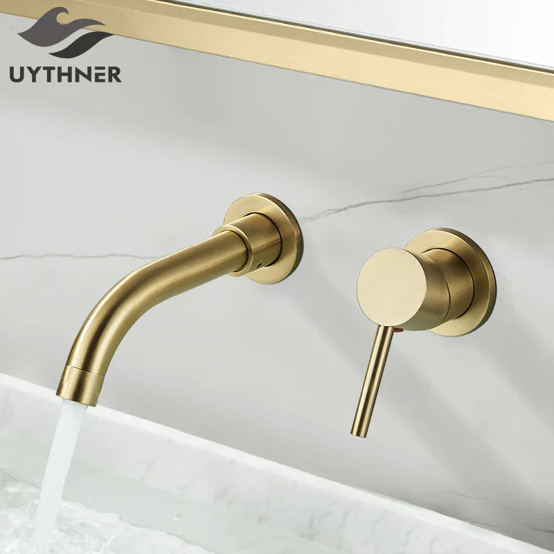 Afralia™ Brushed Gold/Black Wall Mounted Bathroom Basin Faucet - Hot/Cold Water Mixer