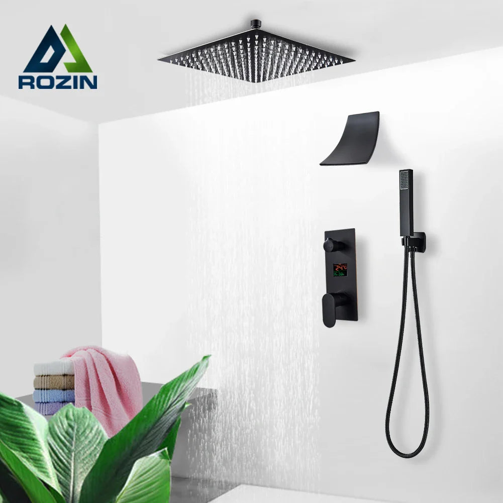 Afralia™ Matte Black Digital Display Shower Faucet Kit, Ceiling Mount Waterfall Rainfall Mixer