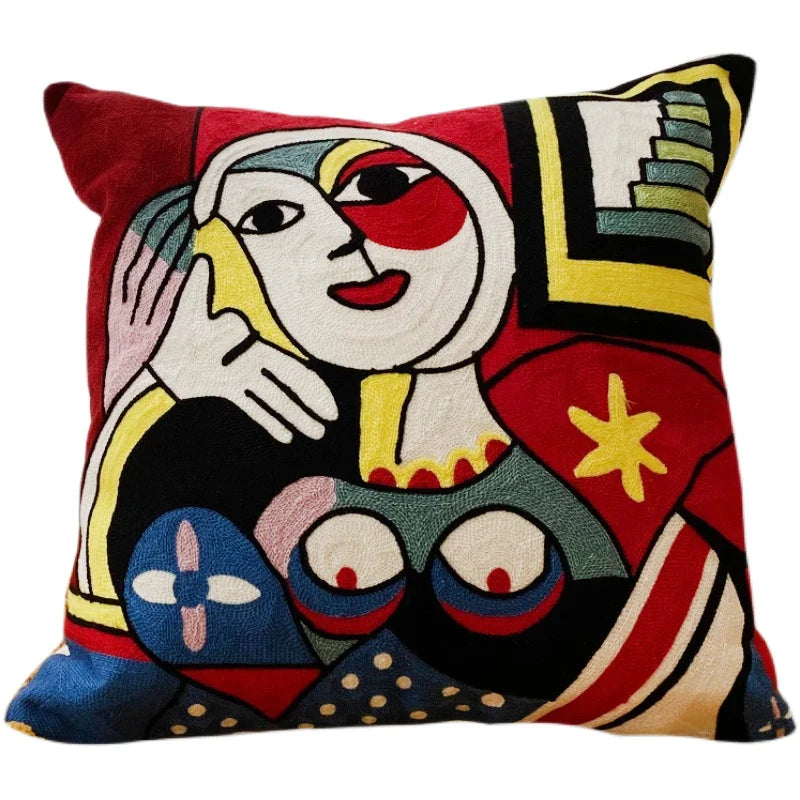 Afralia™ Picasso Embroidery Abstract Pillowcase, Decorative Throw Pillows Covers, 45x45cm