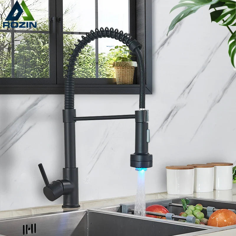 Afralia™ Black LED Kitchen Faucet Pull Down Mixer Tap 360° Rotation Stream Sprayer