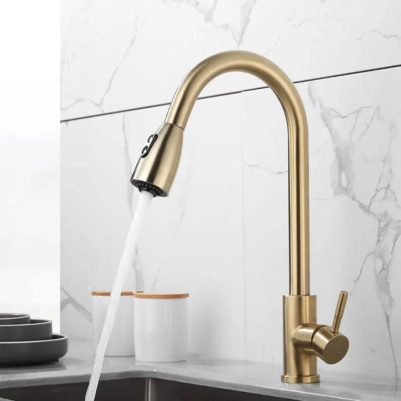 Afralia™ Brushed Gold Kitchen Faucet Single Handle Pull Out Swivel Mixer Tap