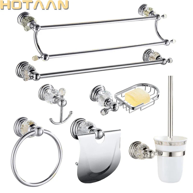 Afralia™ Crystal Silver Bathroom Accessories Set, Chrome Polished Brass Bath Hardware