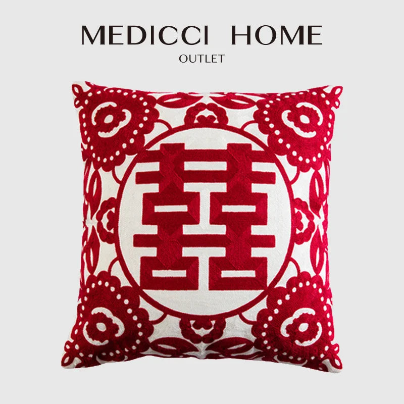 Afralia™ Double Happiness Embroidered Red Traditional Lumbar Pillow Cases 45x45cm