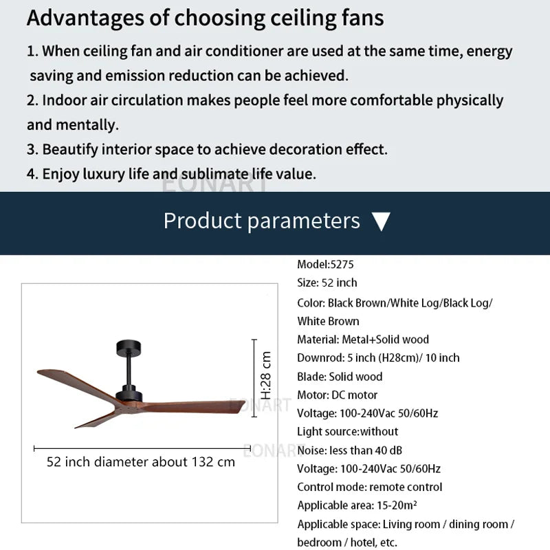 Afralia™ Black Wooden Ceiling Fan Modern Solidwood Remote Control 52" No Light