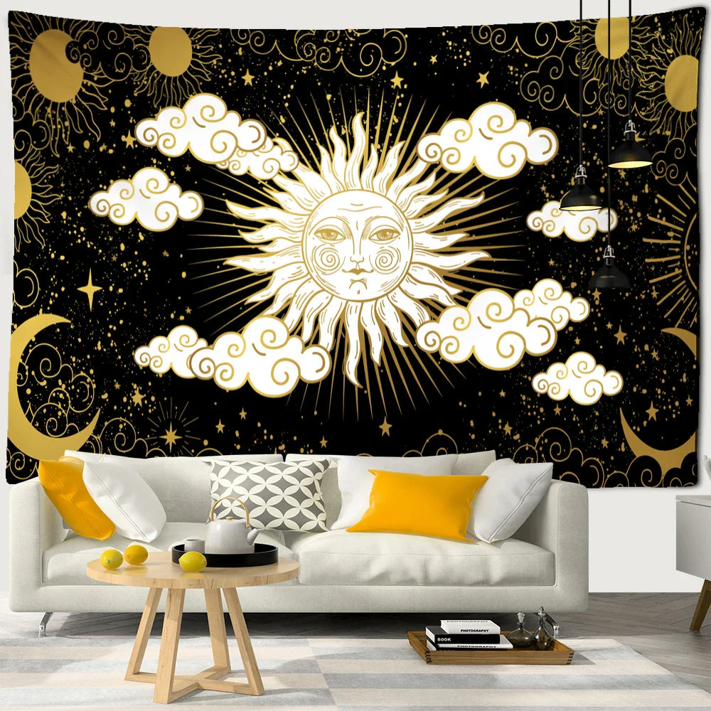 Fantasy Sun Moon Tapestry Wall Hanging Bohemian Hippie Witchcraft Decor by Afralia™