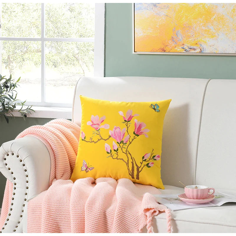 Afralia™ Magnolia Floral Butterfly Embroidered Cushion Cover - Rustic Cozy Home Decor